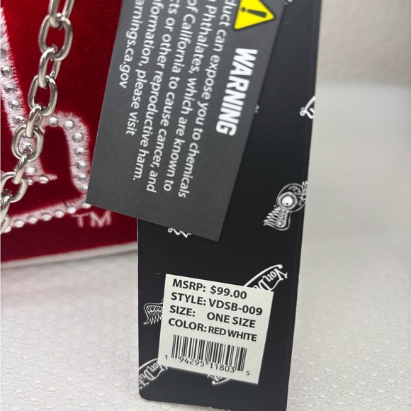 Von Dutch Red and White Rhinestone Velvet Shoulder Bag - Picture 6 of 8